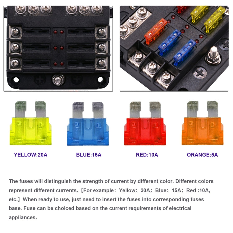 Independent Positive and Negative 1 in 6 Out 6 Way Circuit Blade Fuse Box Fuse Holder Kits with LED Warning Indicator for Auto Car Truck Boat, 1 in 6 Out