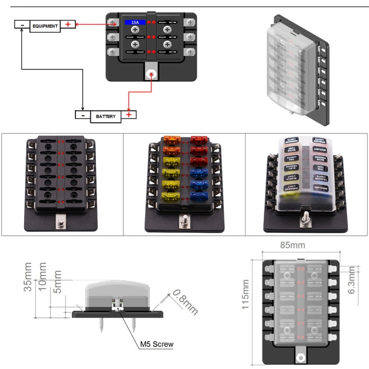 1 in 12 Out Fuse Box PC Terminal Block Fuse Holder Kits with LED Warning Indicator for Auto Car Truck Boat, 1 in 12 Out (PC Terminal Block)