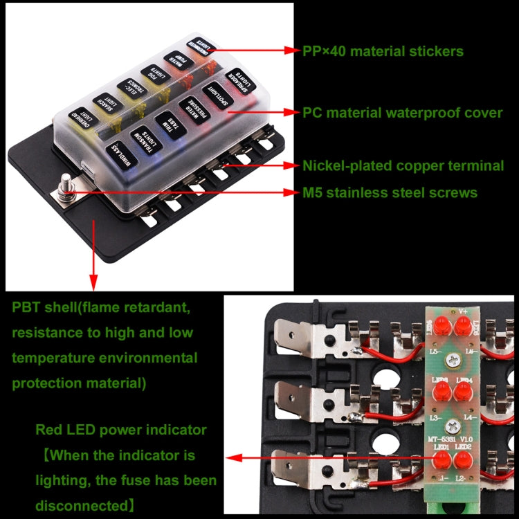 1 in 12 Out Fuse Box PC Terminal Block Fuse Holder Kits with LED Warning Indicator for Auto Car Truck Boat, 1 in 12 Out (PC Terminal Block)