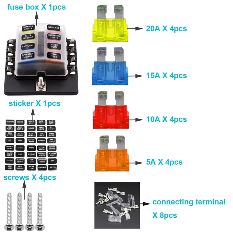 1 in 8 Out Fuse Box PC Terminal Block Fuse Holder Kits with LED Warning Indicator for Auto Car Truck Boat, 1 in 8 Out (PC Terminal Block)