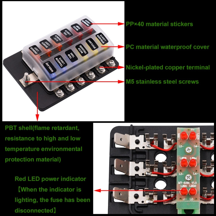 1 in 12 Out Fuse Box Screw Terminal Section Fuse Holder Kits with LED Warning Indicator for Auto Car Truck Boat, 1 in 12 Out (Screw Terminal Section)