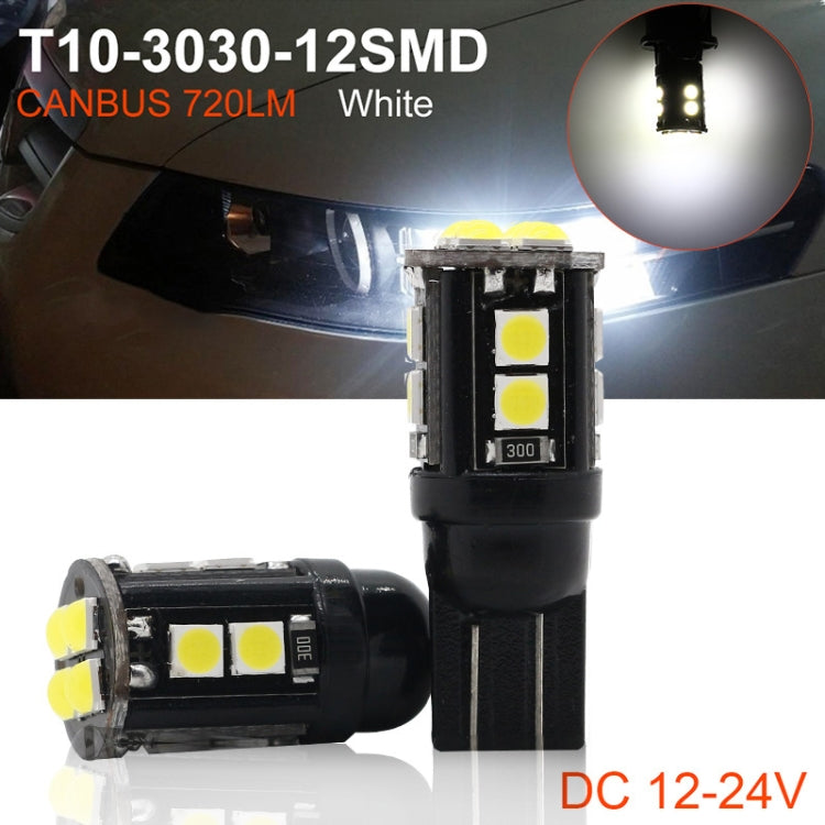 10 PCS T10/168/194 DC12V / 1W / 6000K / 60LM Car Decoding Clearance Lights with 12LEDs SMD-3030 Lamp Beads, T10/168