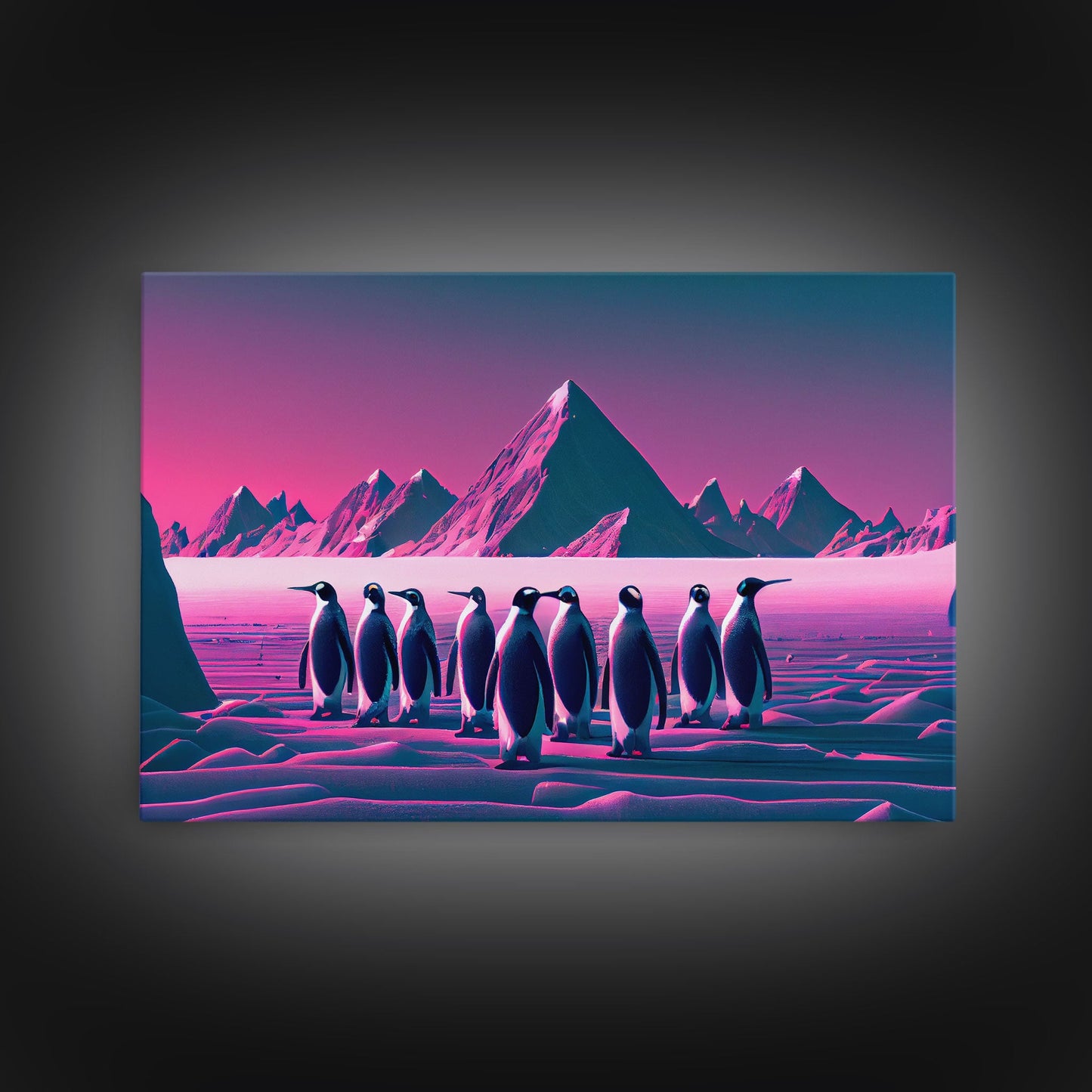 Penguins on the nice, cute animal prints, framed canvas print, synthwave / vaporwave art