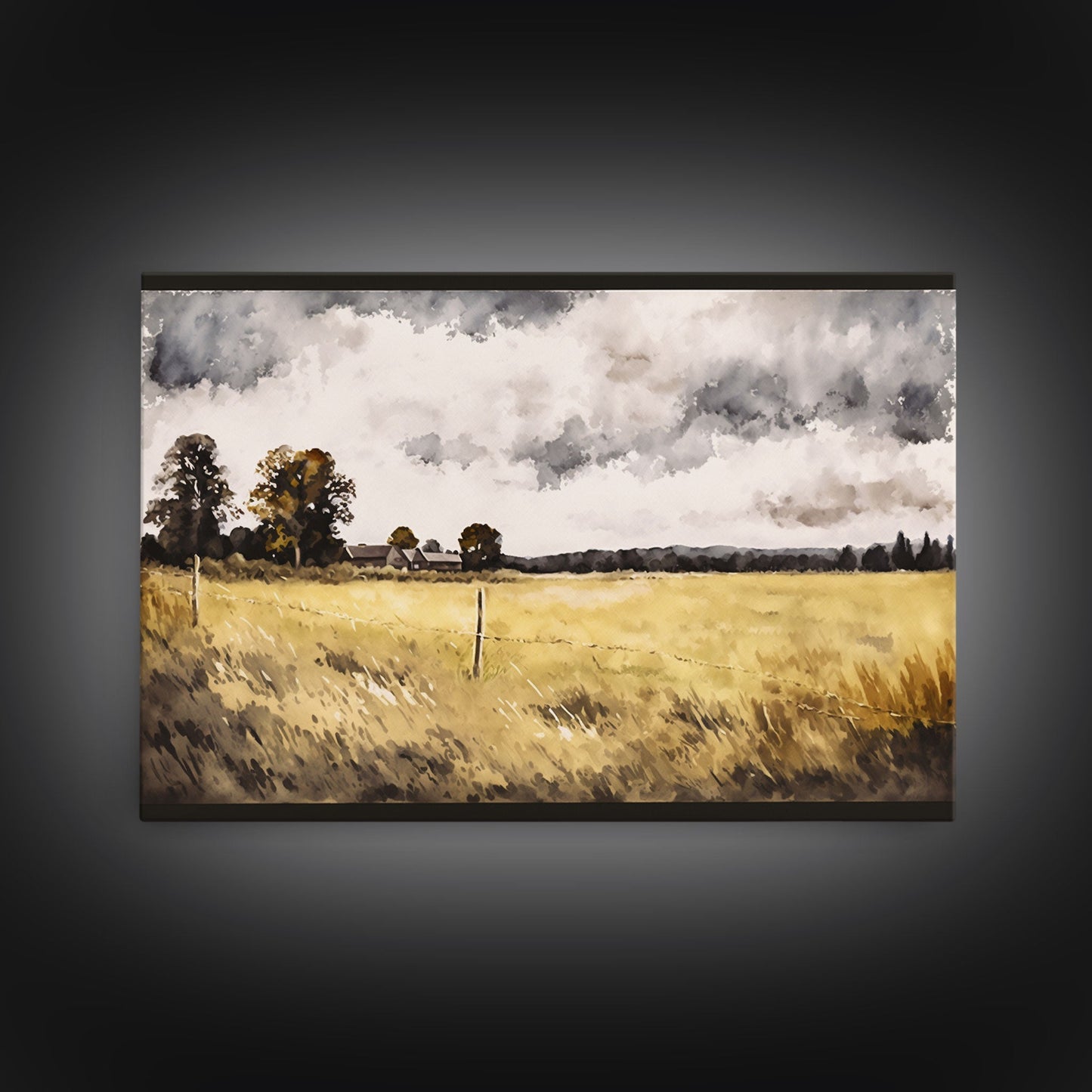 Early American Style Landscape Art | Primitive Farmhouse Decor | Framed Canvas Print | Wall Art | Wall Decor | Office Art | Muted Art