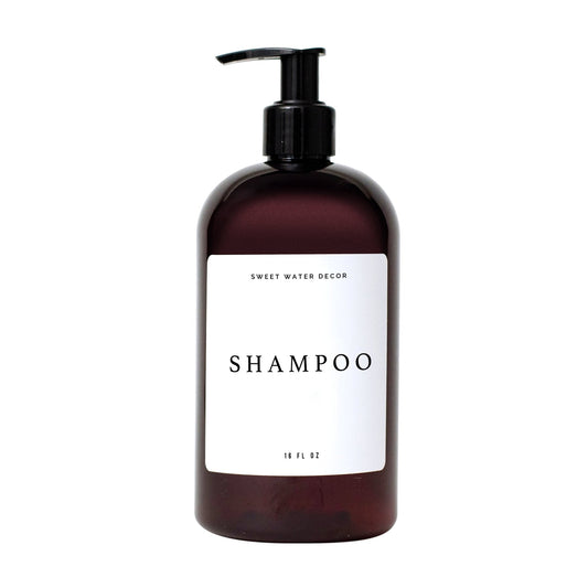 16oz Amber Plastic Shampoo Dispenser - White Text Label