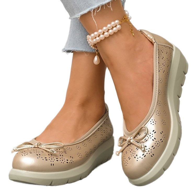 Hollow out ultra light bow soft sole thick sole plus size women's shoes