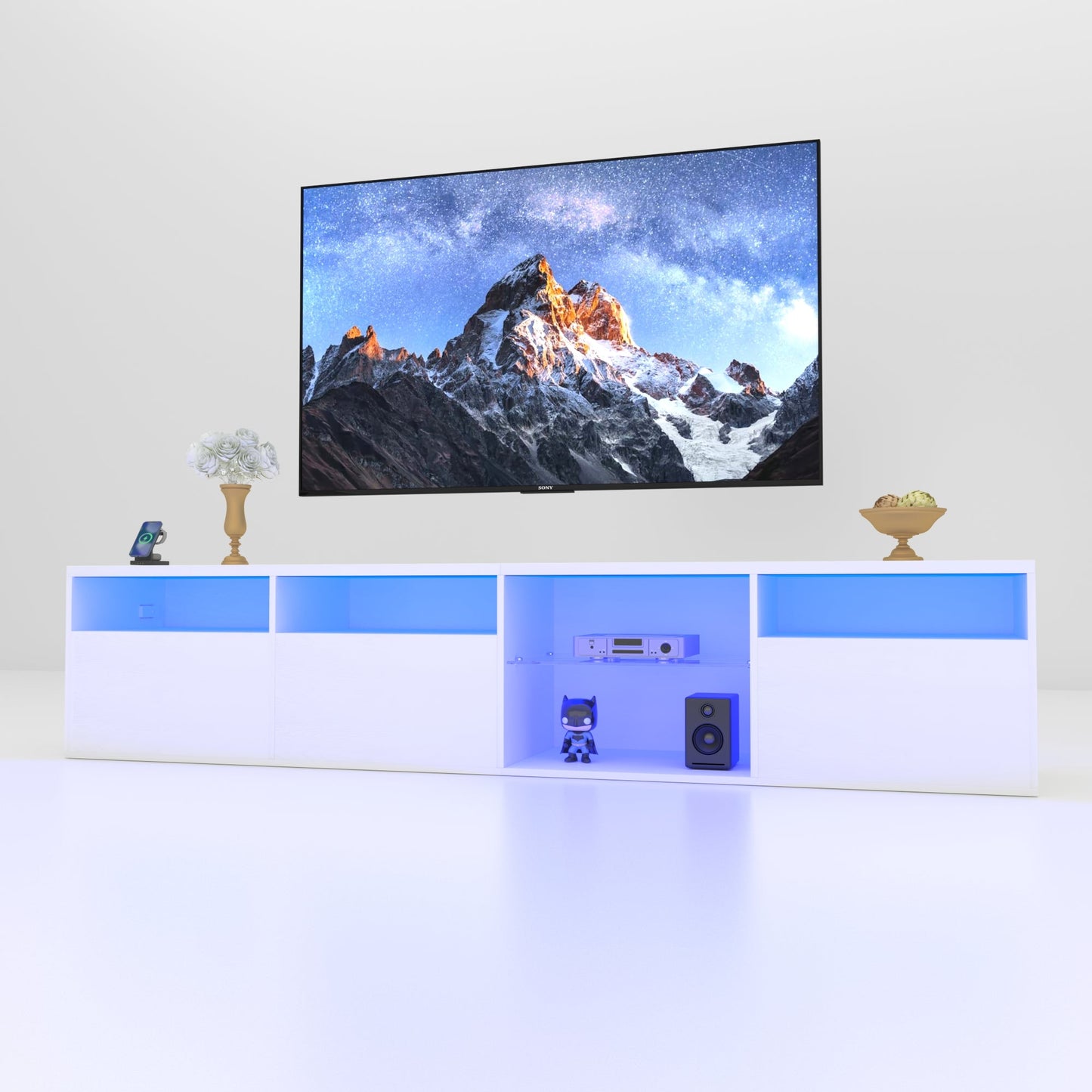 TV console with storage cabinet, 82.6-inch long LED TV stand with 31 mode switching lights (white, suitable for 75/80 inch TVs)