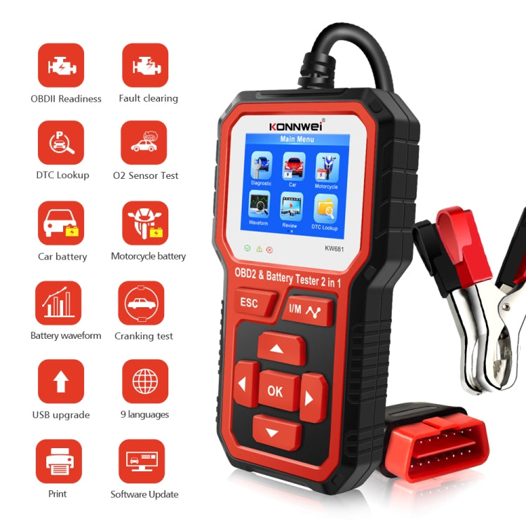 KONNWEI KW681 Car 2.4 inch TFT Screen OBD Fault Diagnosis + 6V-12V Battery Tester Support 9 Languages, KW681