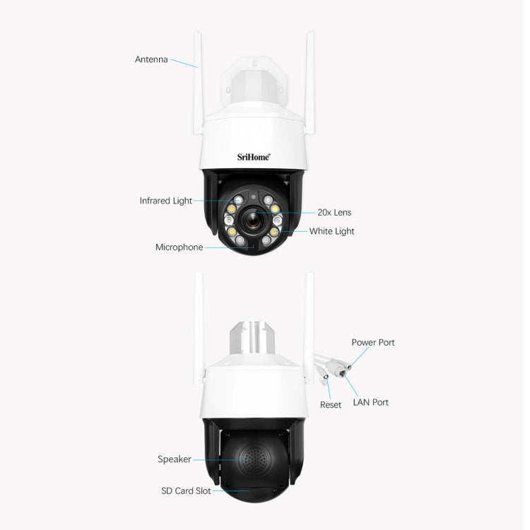 SriHome SH041 5.0MP 20X Optical Zoom 2.4G/5G WiFi IP66 Waterproof AI Auto Tracking H.265 Video Surveillance, Plug Type:AU Plug(White)