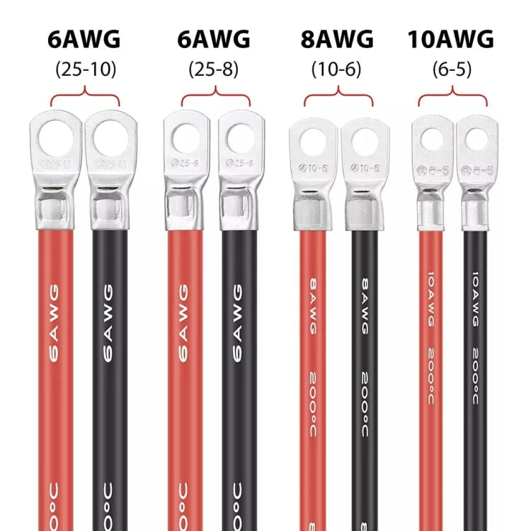 Car 50cm Red + Black Pure Copper Battery Inverter Cable, 10AWG 6-5, 8AWG 10-6, 6AWG 25-8, 6AWG 25-10