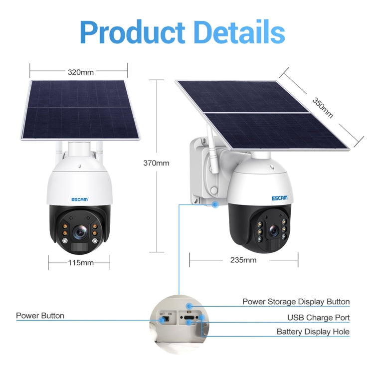 ESCAM QF724 3MP 24h Recording Cloud Storage PT 4G PIR Alarm IP Camera with Solar Panel, US Signal Bands