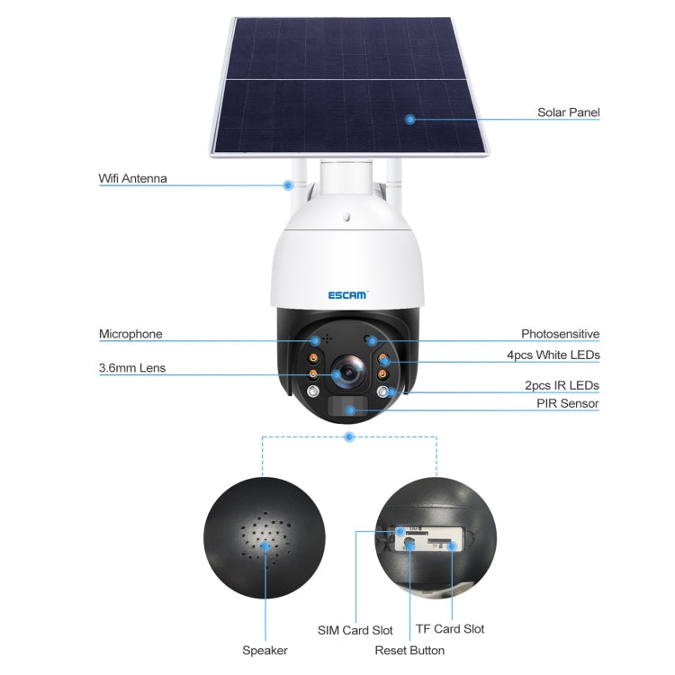 ESCAM QF724 3MP 24h Recording Cloud Storage PT 4G PIR Alarm IP Camera with Solar Panel, US Signal Bands