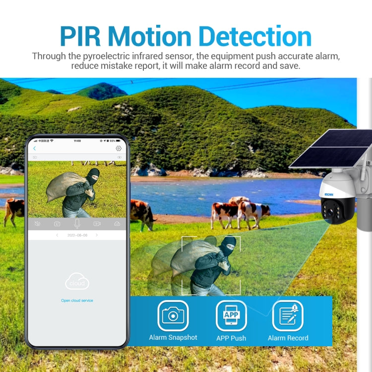 ESCAM QF724 3MP 24h Recording Cloud Storage PT 4G PIR Alarm IP Camera with Solar Panel, US Signal Bands