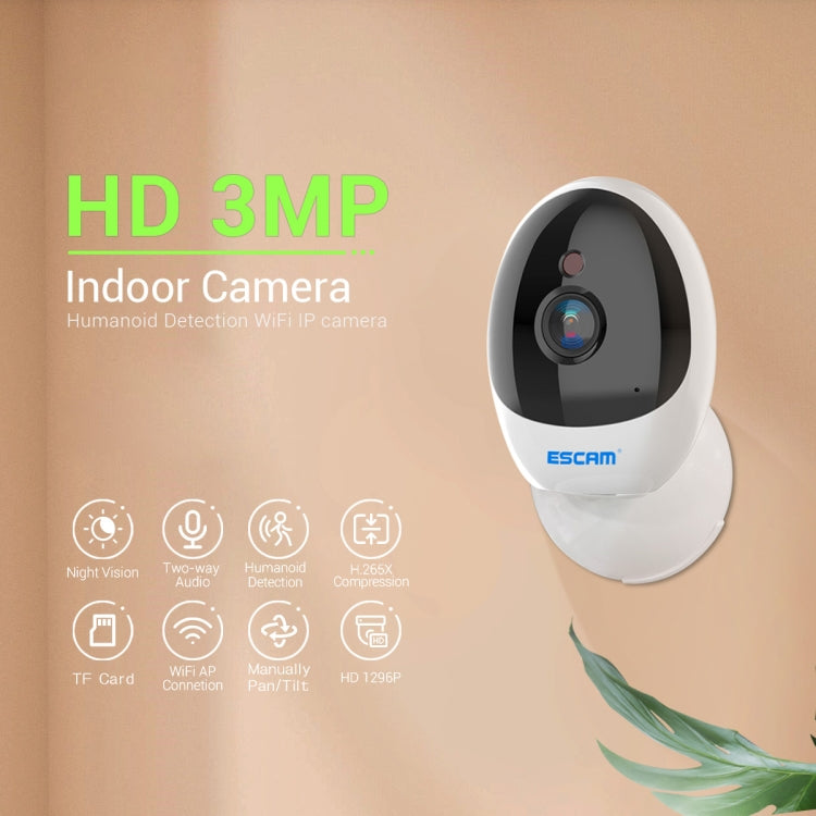 ESCAM QF006 3MP 1296P HD Indoor Wireless PTZ IP Camera IR Night Vision AI Humanoid Detection Home Security CCTV Monitor, Plug Type:US Plug(White)