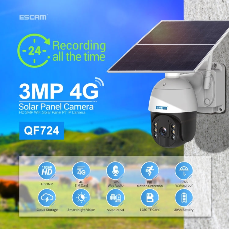 ESCAM QF724 3MP 24h Recording Cloud Storage PT 4G PIR Alarm IP Camera with Solar Panel, AU Signal Bands