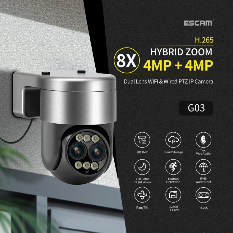 ESCAM G03 2x4MP Dual Lens Zoom 8X Dual Light Source WiFi Camera Support Two-way Voice & Motion Detection(US Plug)
