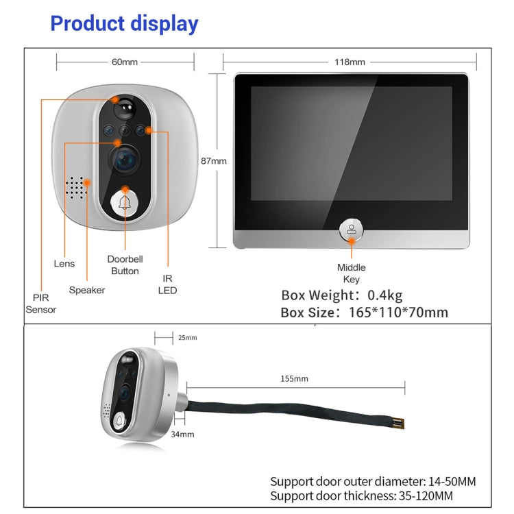 ESCAM C85 1080P 4.3 inch Smart WIFI Digital Door Viewer Supports Wide-Angle PIR & Night Vision & Dingdong Photo(White)
