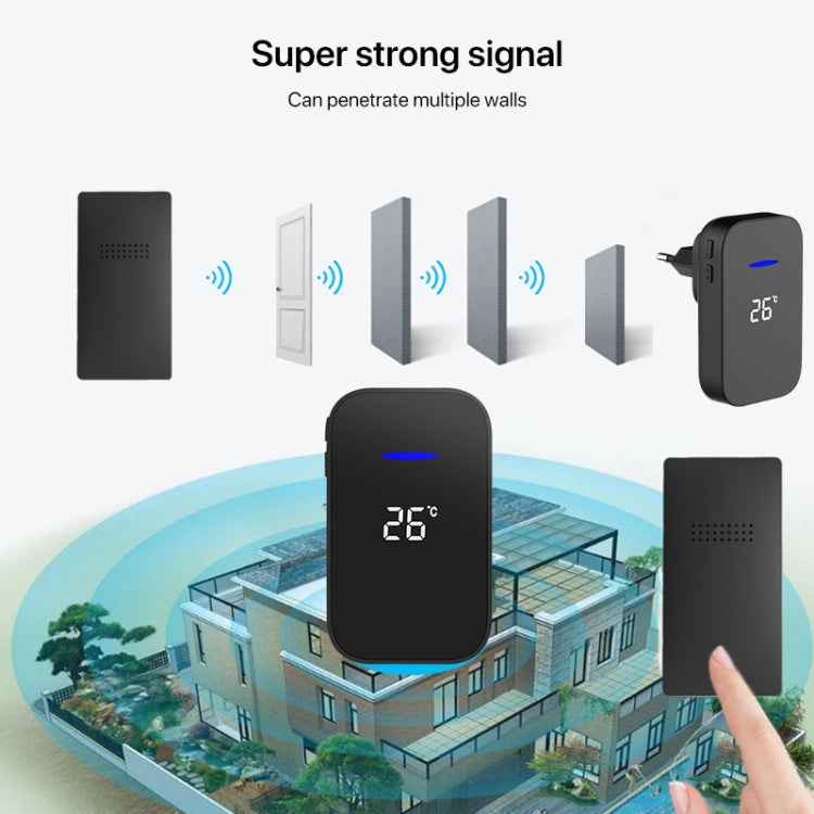 C302B One to One Home Wireless Doorbell Temperature Digital Display Remote Control Elderly Pager, US Plug(Black)