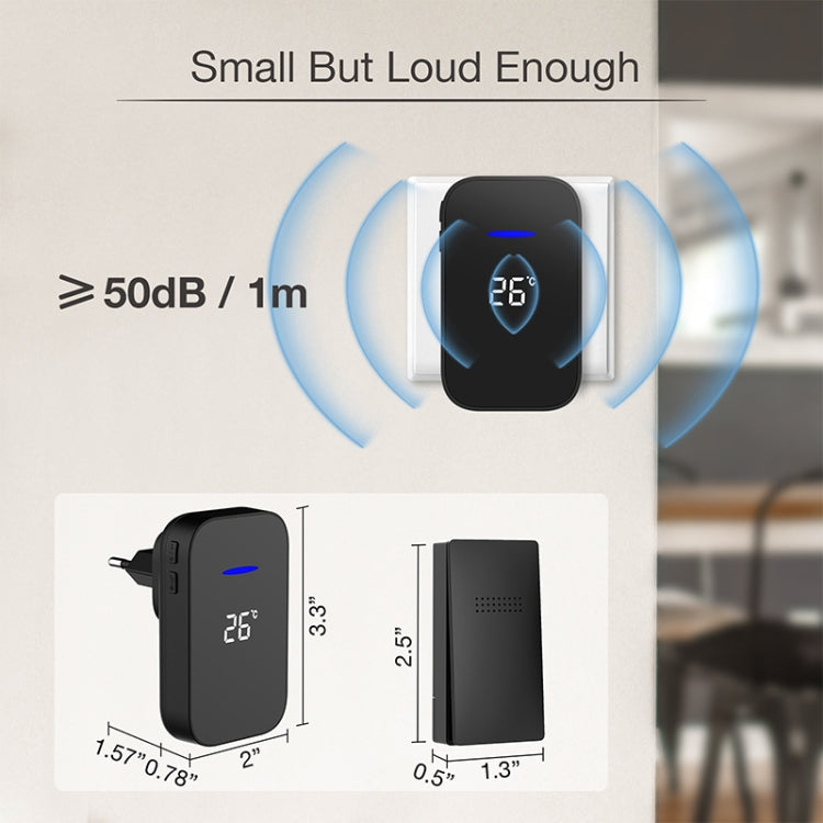 C302B One to Two Home Wireless Doorbell Temperature Digital Display Remote Control Elderly Pager, EU Plug(Black)