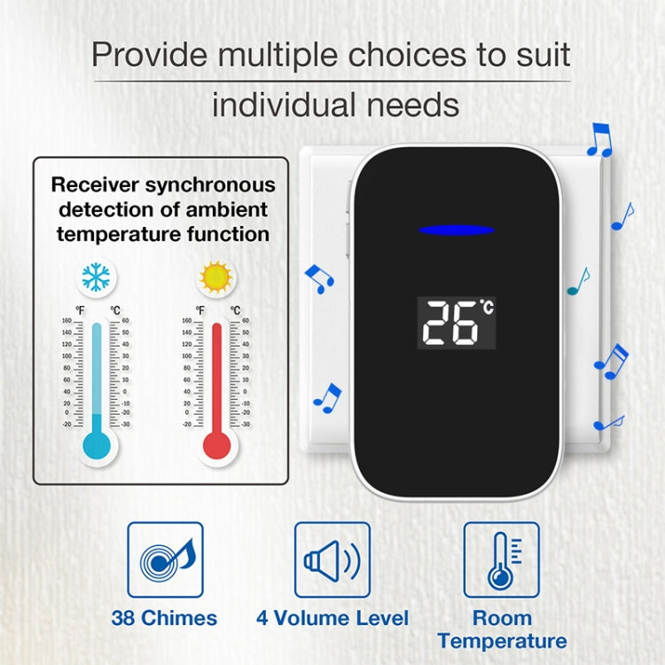 C302B One to Two Home Wireless Doorbell Temperature Digital Display Remote Control Elderly Pager, EU Plug(White)