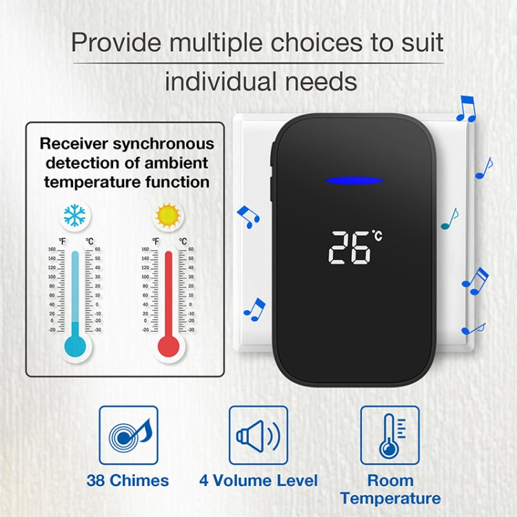 C302B One to Two Home Wireless Doorbell Temperature Digital Display Remote Control Elderly Pager, UK Plug(Black)