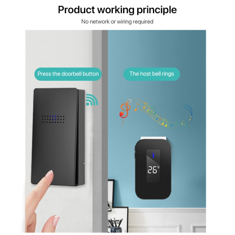 C303B One to One Home Wireless Doorbell Temperature Digital Display Remote Control Elderly Pager, US Plug(Black)