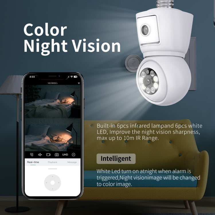 ESCAM QF202 E27 2x2MP Dual Lens Motion Detection Waterproof WiFi IP Two Way Audio Night Vision Camera(White)