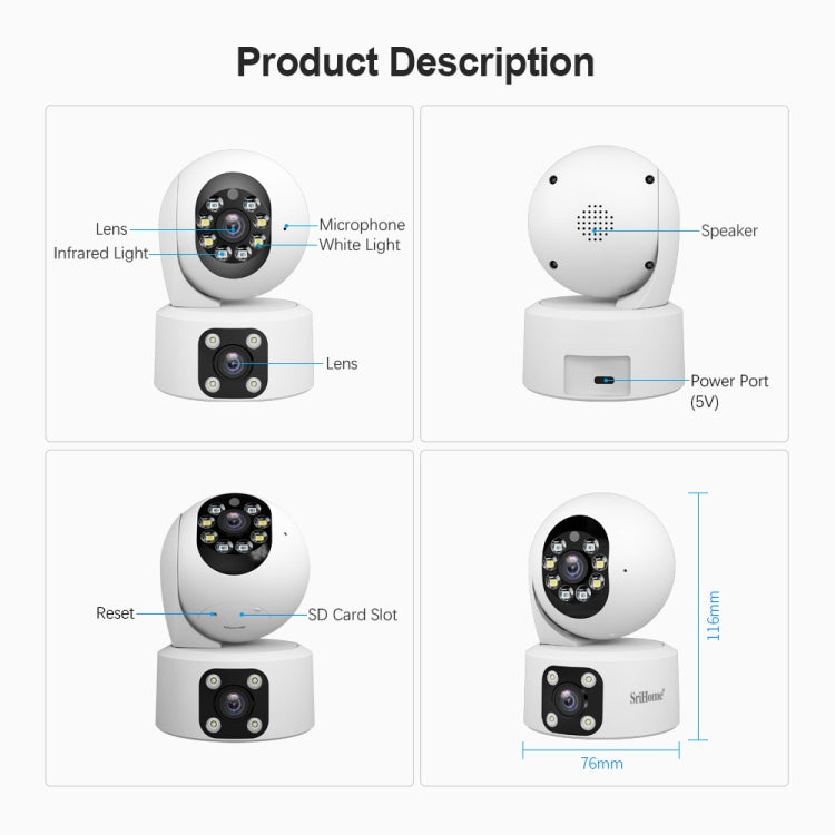 SriHome SH049 2MP + 2MP Humanoid Tracking Smart Night Vision Dual Lens HD IP Camera(US Plug)