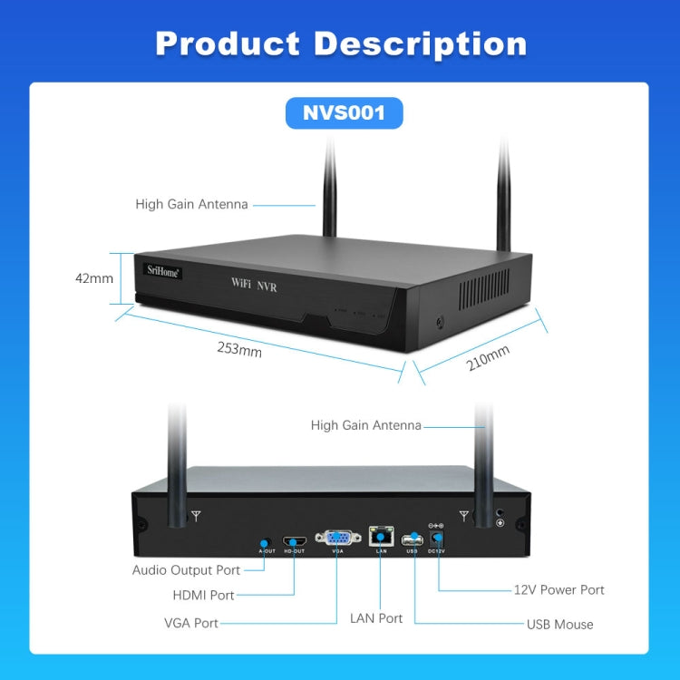 SriHome NVS001E-IPC047 Ultra HD 4 Channel WiFi Network Video Recorder Set(UK Plug)