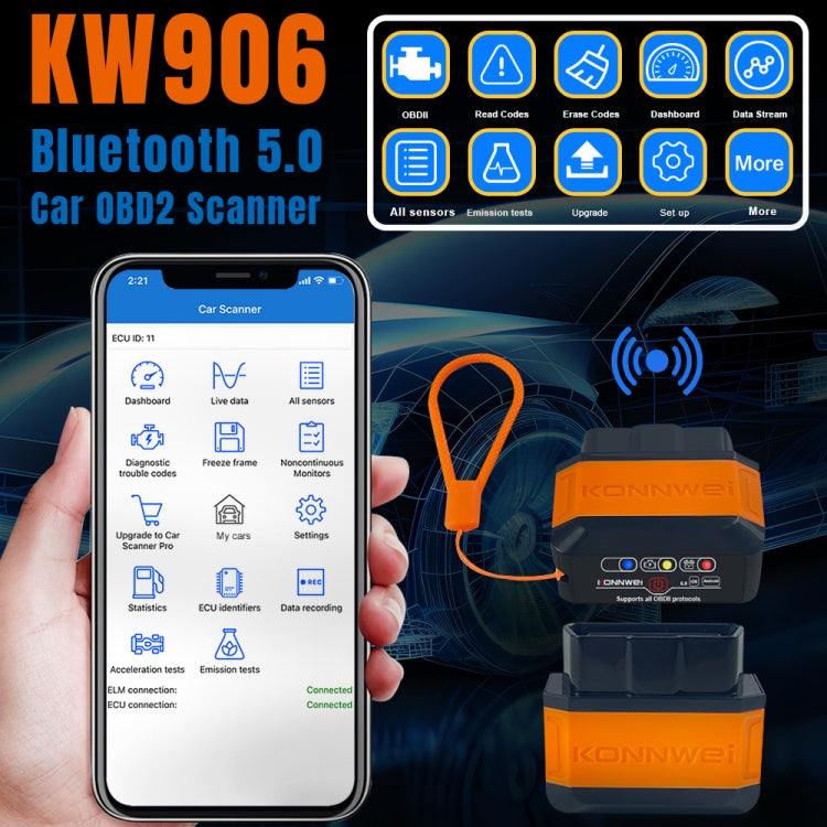 KONNWEI KW906 Bluetooth 5.0 Car OBD2 Scanner Support Android & iOS, KW906