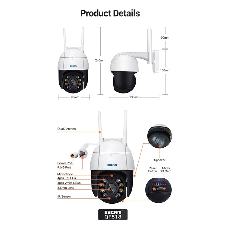 ESCAM QF518 5MP Smart WiFi IP Camera, Support AI Humanoid Detection / Auto Tracking / Dual Light Night Vision / Cloud Storage / Two Way Audio / TF Card, Plug:UK Plug(White)