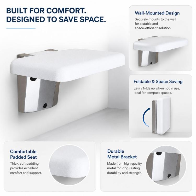Wall Mounted Folding Solid Waiting Chairs Bathroom Stool Seat Toilet Chairs, Square (White)