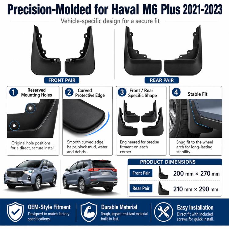 4pcs/Set Car Wheel Splash Flaps Fender Guard, For GreatWall Haval M6 Plus 2021-2023