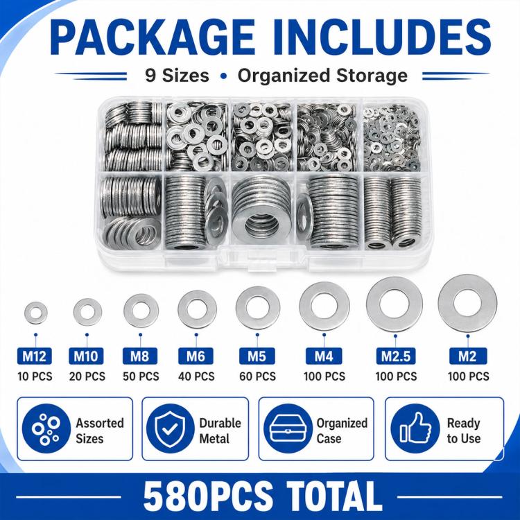 M2-M12 Flat Washer Insulating Round Spacers Suitable for Home use, M2 - M12 580 pcs