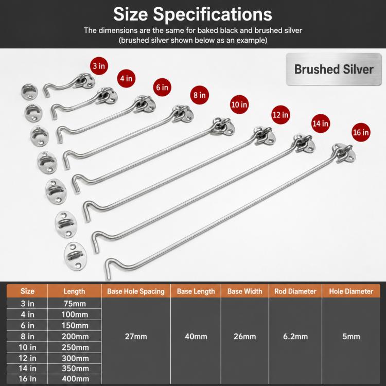Stainless Steel Door Window Hook and Eye Catch Window Positioning Hardware Parts, 3 inch, 4 inch, 6 inch, 8 inch, 10 inch, 12 inch, 14 inch, 16 inch