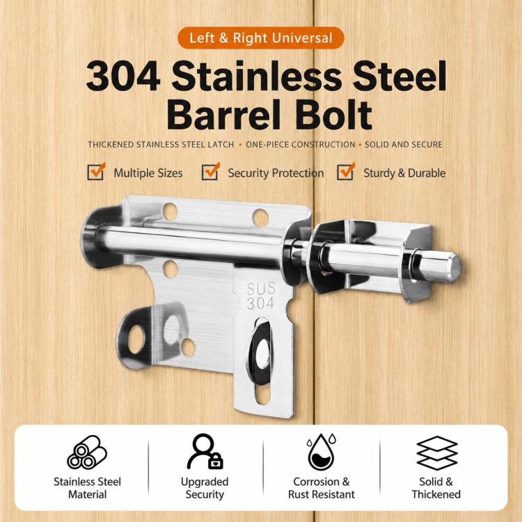 201 Stainless Steel Slide Bolt Latch, Heavy-Duty Barrel Bolt Door Lock, 4 inch, 6 inch, 8 inch