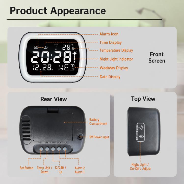 DS-5801 LED Smart Temperature Display Electronic Digital Clock with Night Light