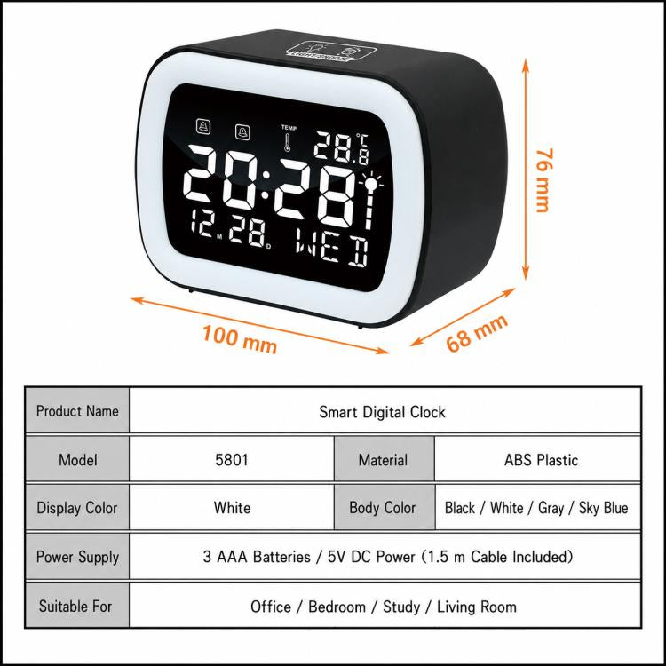 DS-5801 LED Smart Temperature Display Electronic Digital Clock with Night Light