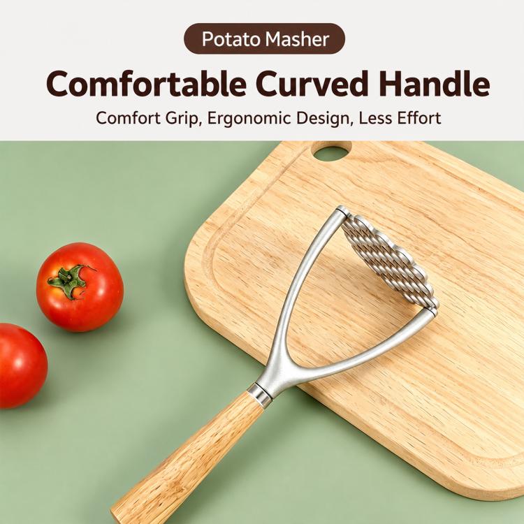 LsCook Potato Masher with Oak Handle Multifunctional Kitchen Tool