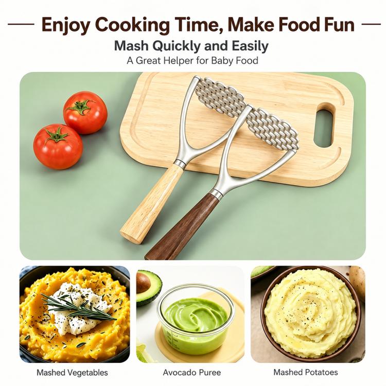 LsCook Potato Masher with Oak Handle Multifunctional Kitchen Tool