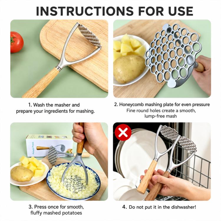 LsCook Potato Masher with Oak Handle Multifunctional Kitchen Tool