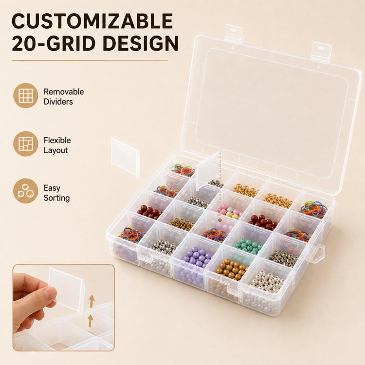 20-Compartment Detachable Transparent Plastic Storage Box, 20-Compartment