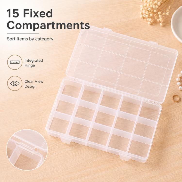 15-Compartment Non-Removable Clear Plastic Organizer Box, 15-Compartment