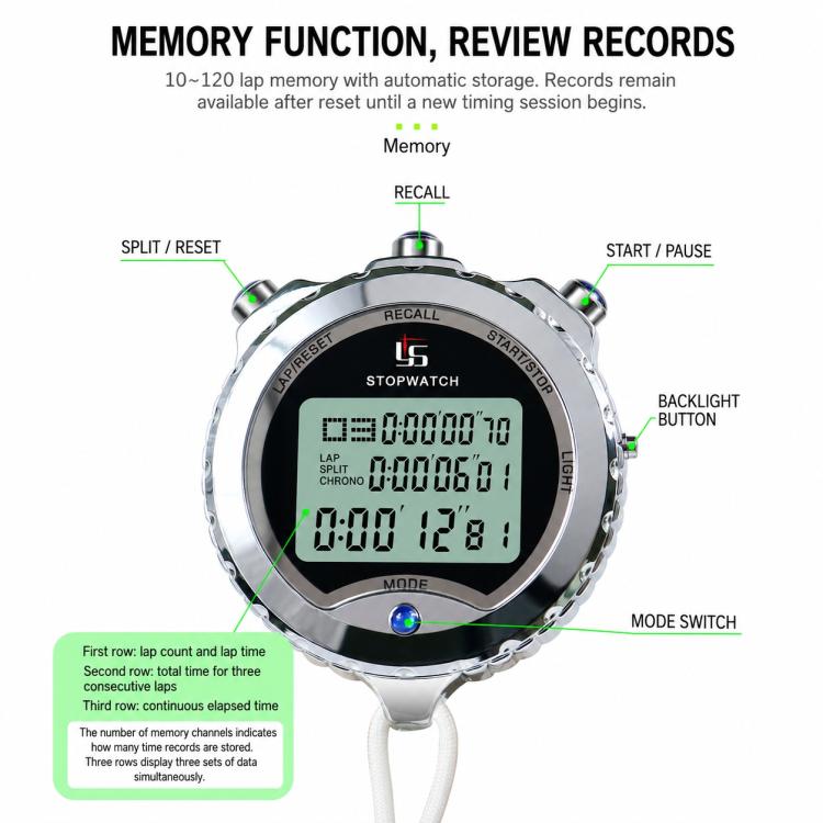 Luminous Metal Stopwatch Sports Training Swimming Track & Field Timer, YS-610L 10 Laps Memory, YS-630L 30 Laps Memory, YS-660L 60 Laps Memory, YS-6100L 100 Laps Memory