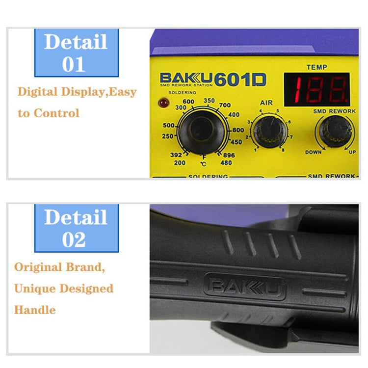 BAKU BK-601D AC 220V LED Display 2 in 1 Hot Air Gun Soldering Iron Soldering Station, BK-601D AC 220V