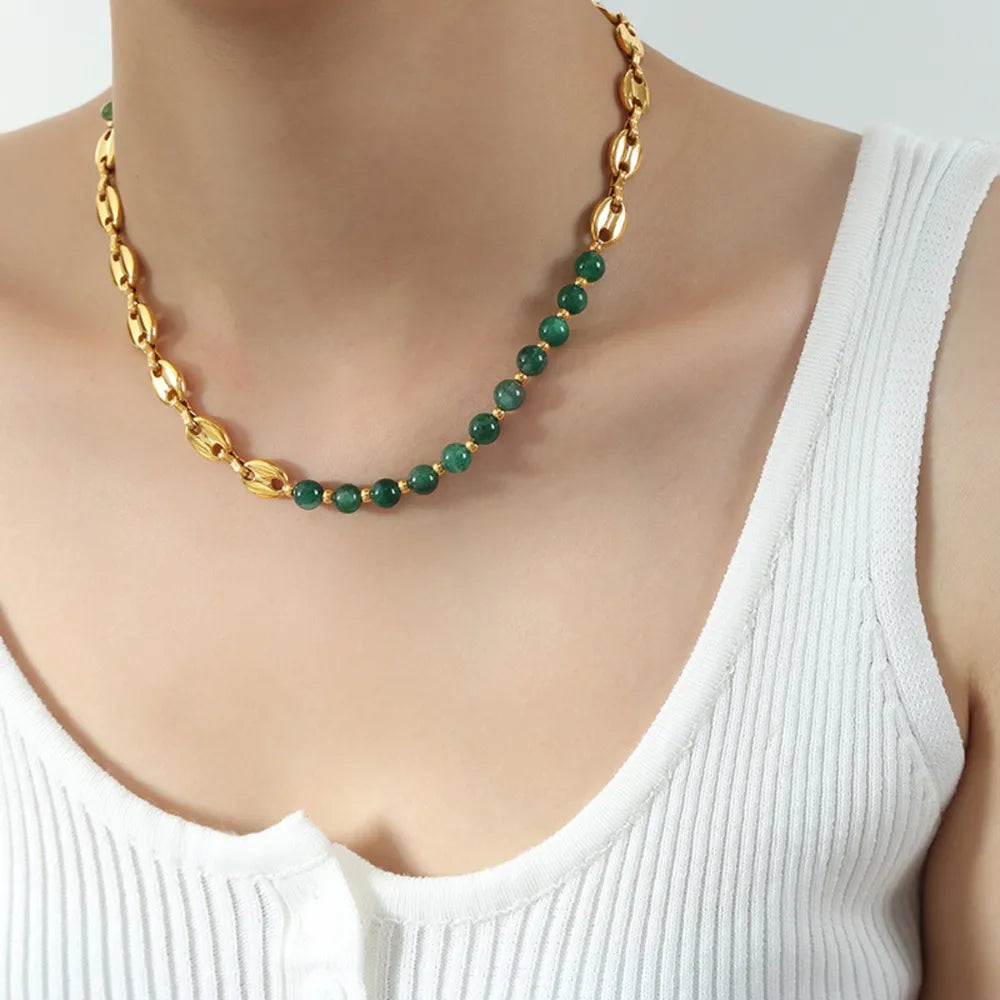 Agate bead chain design with titanium steel gold-plated necklace