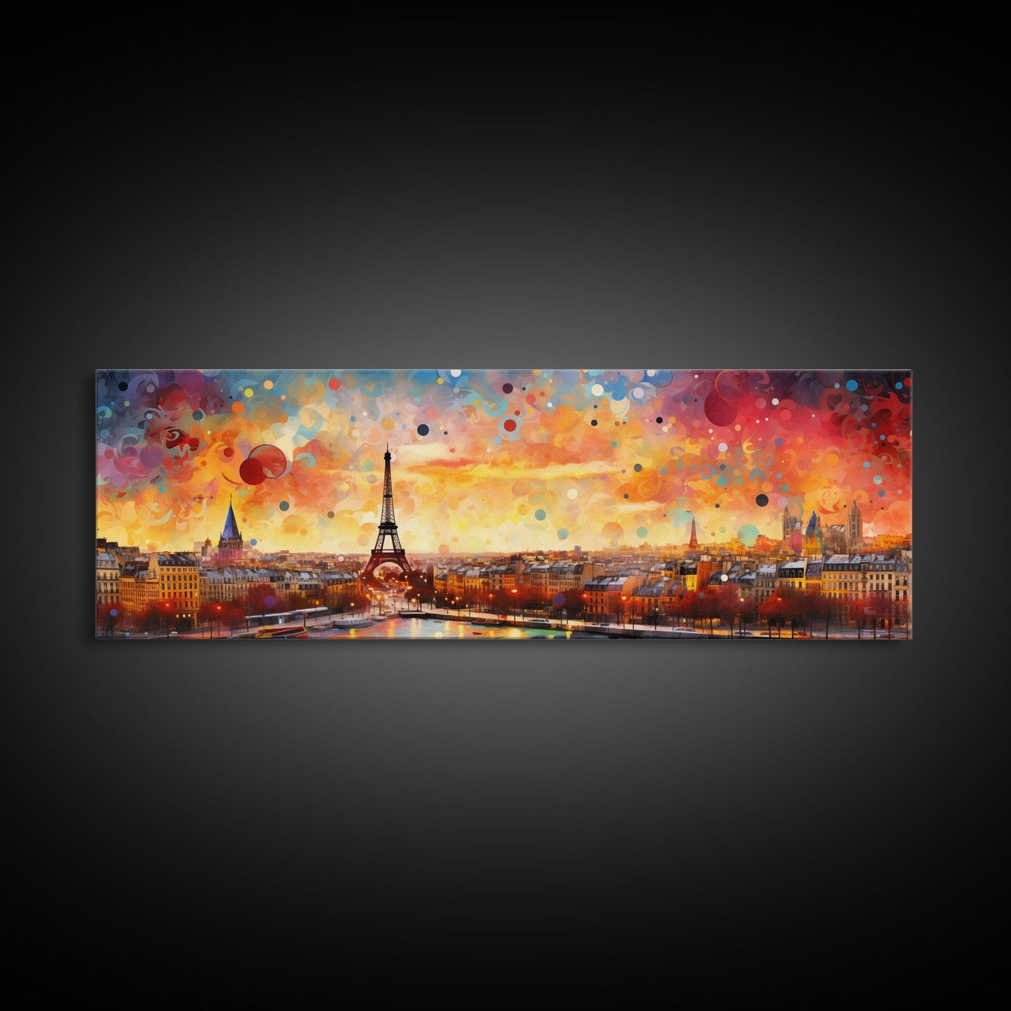 Eiffel Tower Abstract Paris France Panoramic Framed Canvas Print, Van Gogh Inspired Original Painting, Colorful Wall Art