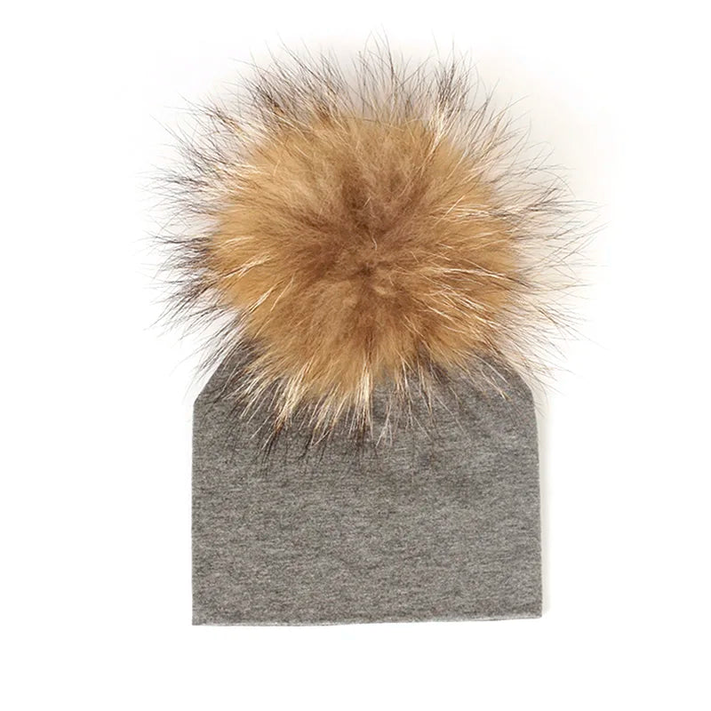 Geebro 0-3 Month Baby Boys Soft Cotton Real Fur pompom Beanies Hats For Newborn Girls Spring Autumn Kids Infants Toddler