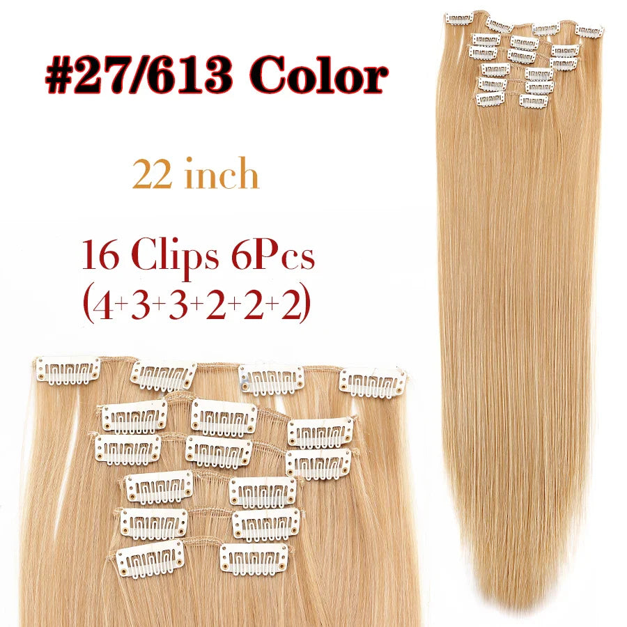 Leeons 16Clips Long Straight Synthetic Clip On Hair Extensions Cheveux Clip Naturel High Temperature Fiber Black Brown Hairpiece