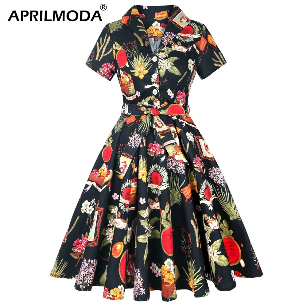 Autumn Cotton Vintage Tunic Midi Dress 50S Short Sleeve 4XL 70s Robe Swing Retro Floral Print White Rockabilly Office Vestidos